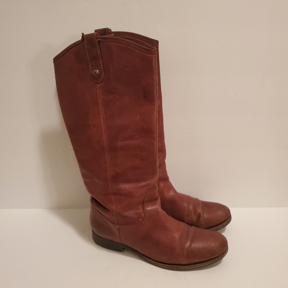 FRYE Vintage Melissa Button Lug Tall Boot Cognac Brown Riding Equestrian Leather